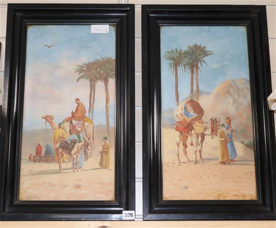 J. Coulson, pair of gouache, Arabs, camels and donkeys, signed and dated 1925, 50 x 25cm